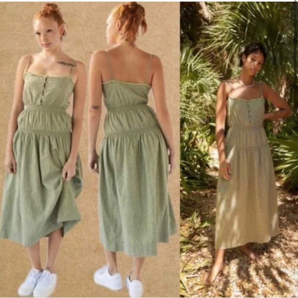 Urban Outfitters Ella Linen Dropped Waist Midi Dress Green Olive Moss - Picture 3 of 9